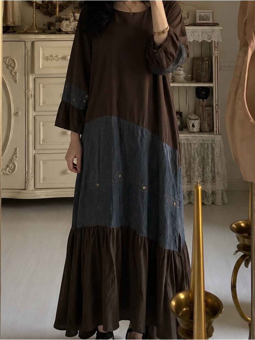 Women’s Brown and Dark Blue Tiered Maxi Dress